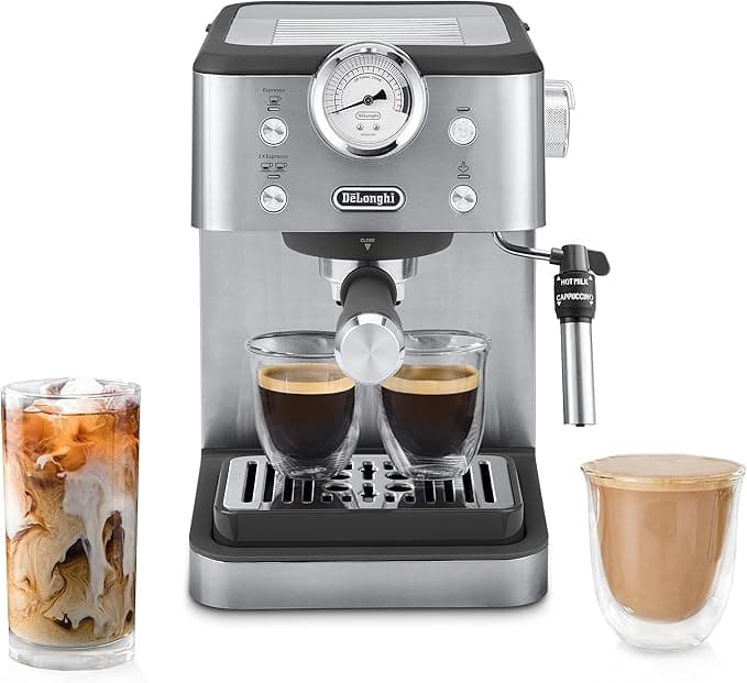 De'Longhi Linea Classic Espresso Machine - Front view showing pressure gauge and controls