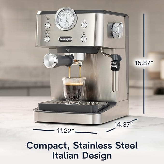 De'Longhi Linea Classic close-up view showing control panel, pressure gauge, and portafilter