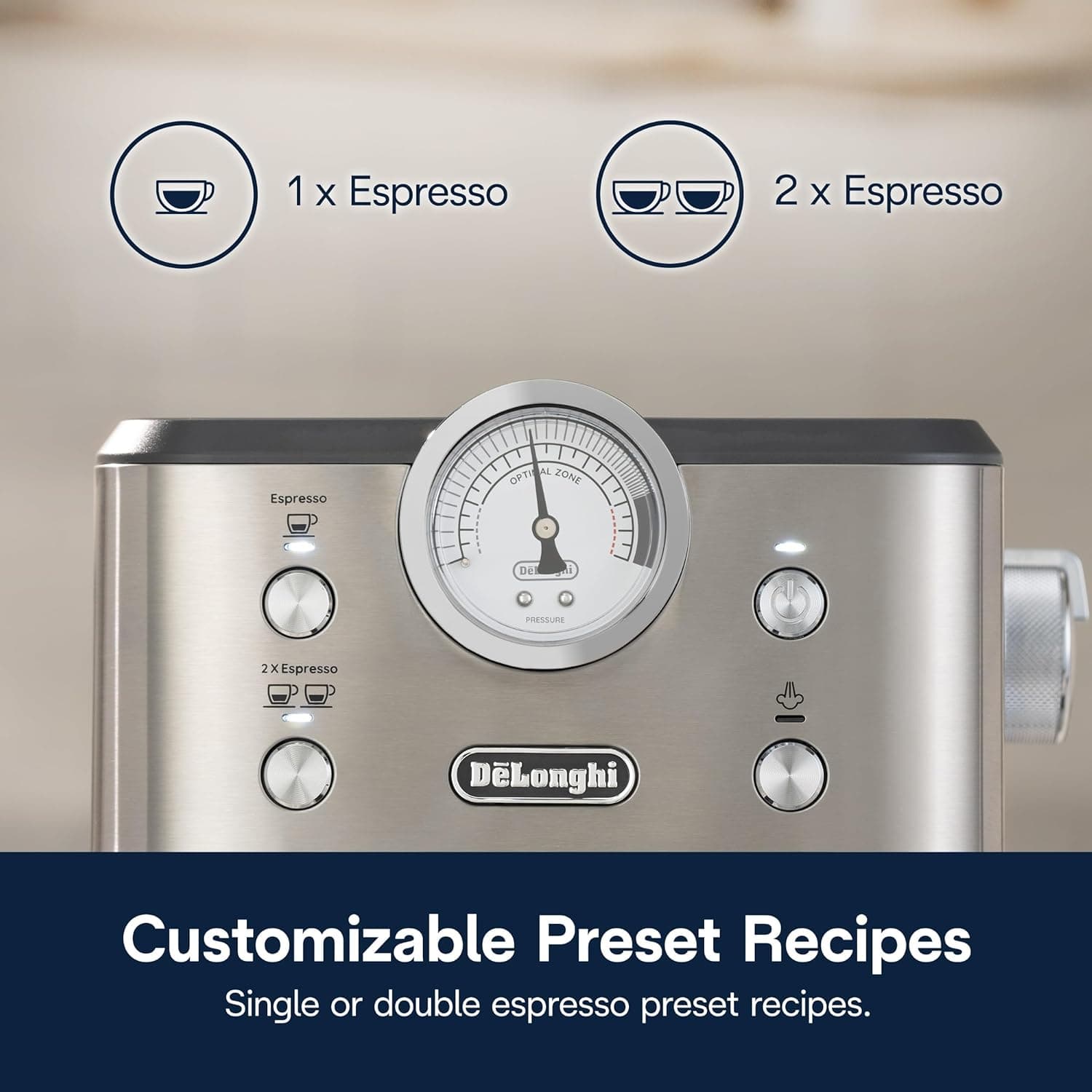 De'Longhi Linea Classic pressure gauge showing optimal extraction pressure during brewing